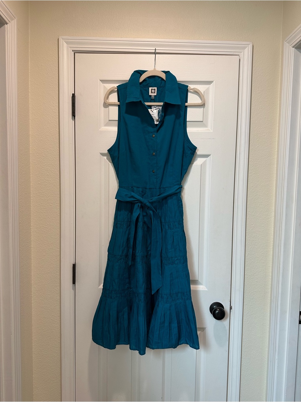 Anne Klein Sleeveless Teal Button-Front Shirt Dress with Waist Tie. NWTs